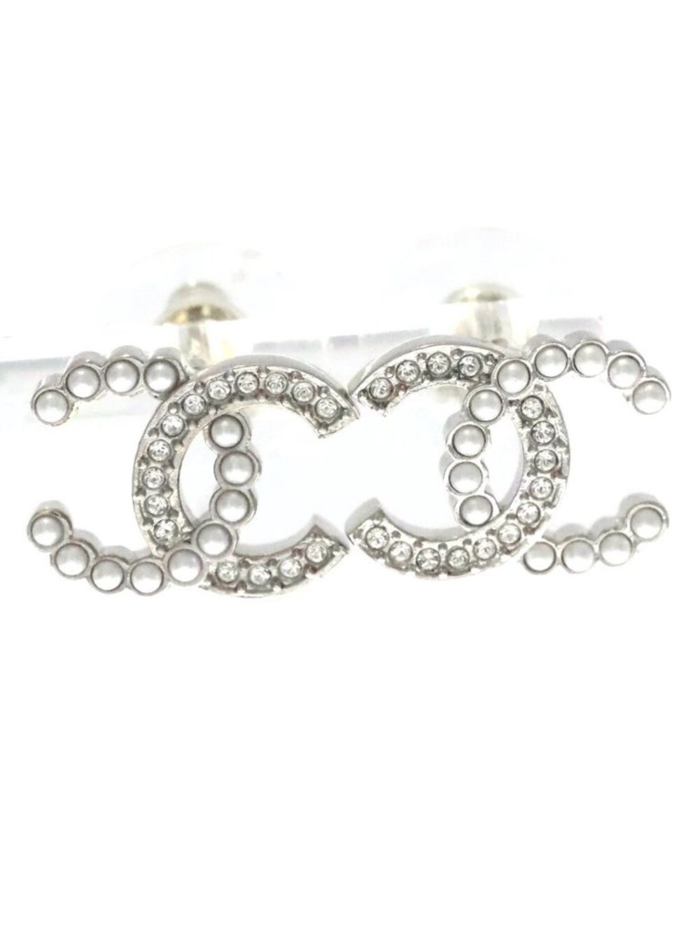 Chanel CC Logo Rhinestone Pearl Earrings Silver